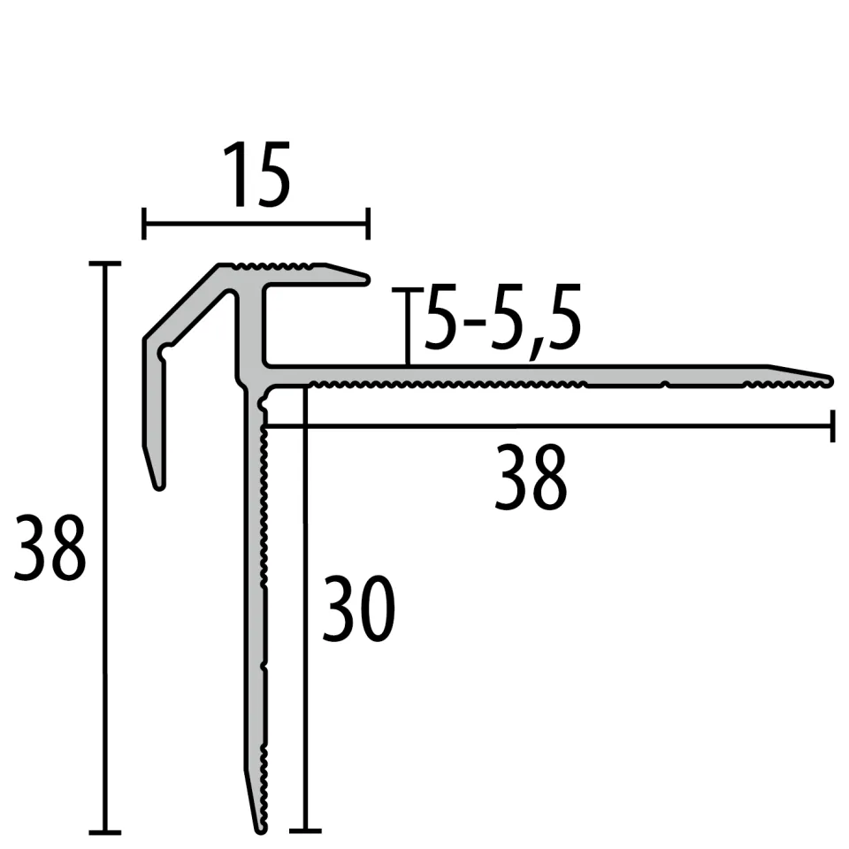 Treppenkantenprofil 2500 mm SBS Typ 835 Aluminium poliert 5,0 - 5,5 mm doppelt versetzt versenkt gebohrt