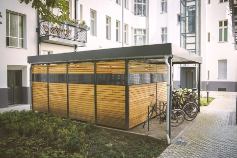 Mülleinhausung und Fahrradüberdachung, Gründach light, Woodline Design