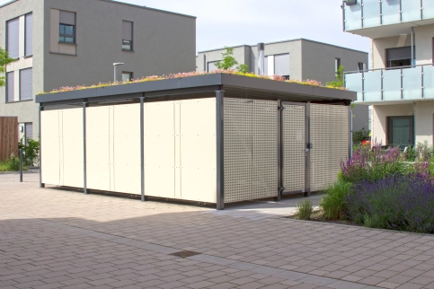 Mülleinhausung, Gründach light, Lochblech und Vollblech pulverbeschichtet