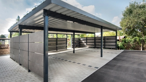 Carportanlage - Gründach light, Seitenverkleidung Trespa® NATURALS Weathered Basalt Matt