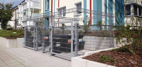 Müllplatz, Tragkonstruktion Drahtbalken mit Gittermatten