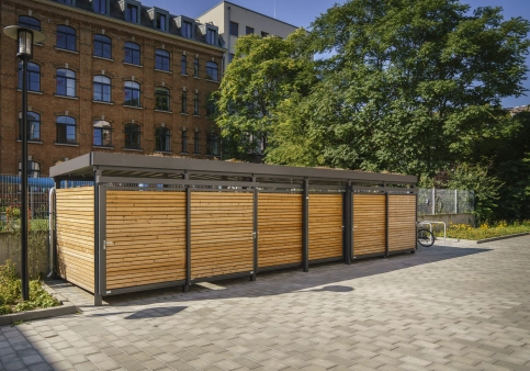 Fahrradeinhausung, Gründach light, Woodline 7 mm, zweiflügeliges Hängeschiebetor