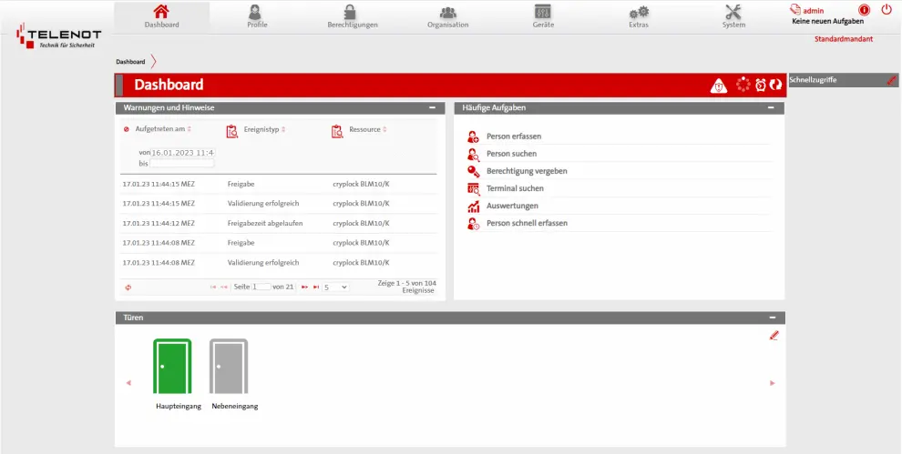 Dashboard der TELENOT-Zutrittsverwaltungssoftware compasZ 5500
