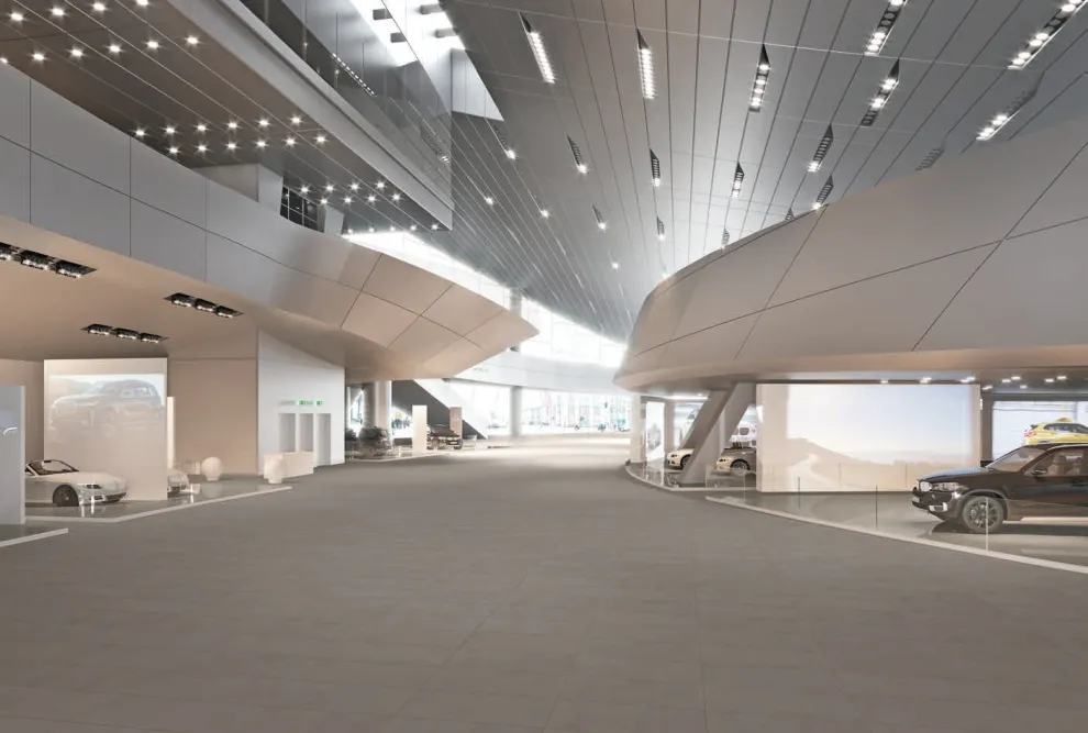 System S in einem Autohaus: Farbe Antracite 60 x 120 cm / Farbe Olivia 30 x 60 cm