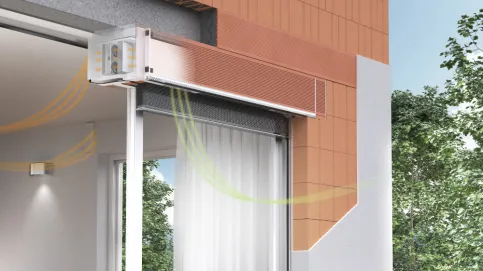 Auch in Ziegel-Raffstorekästen der neuesten Generation lässt sich ein wärmerückgewinnendes Lüftungssystem integrieren als ROKA-LITH 2 RG SHADOW AIRFOX® PLUS S.
