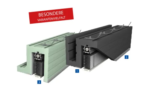 Die Raffstorekästen ROKA-SHADOW® LIGHT (links) und ROKA-SHADOW® COMPAKT (rechts) überbrücken dank integrierter Sturzschalung auch große Spannweiten.
