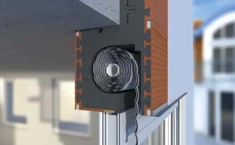 Massivbau-Rollladenkästen von Beck+Heun werden durch ein seitliches Auflager im Mauerwerk integriert. Sie sind besonders stabil und ermöglichen einen homogenen Putzuntergrund.