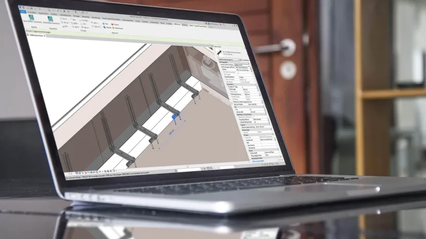 In Revit, der BIM-Software für Planer und Architekten, lassen sich z. B. die Ankerschienen von PohlCon dank der bereitgestellten BIM-Daten im 3D-Modell zeichnen, hier im Zusammenspiel mit dem Brüstungsanker JBA.