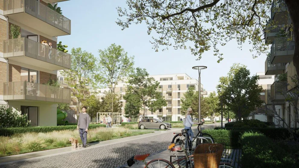 Die durch Begrünung und Gemeinschaftsflächen aufgelockerte Bebauung macht das Viertel lebenswert. © H´GROUP BERLIN GREENPARK GmbH & Co. KG, Köln