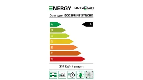 Die energieeffzienten Butzbach Schnelllauftore verbrauchen 90% weniger Strom bei der Öffnungs- & Schließbewegung als übliche Schnelllauftore. Allein bei der Öffnungsbewegung benötigt das horizontal öffnende ECOSPRINT lediglich 4,5% der Energie eines vertikal öffnende Schnelllauftores.