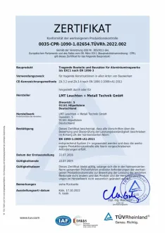 Konformität werkseigene Produktionskontrolle: Tragende Bauteile und Bausätze für Aluminiumtragwerke bis EXC1 nach EN 1090–3