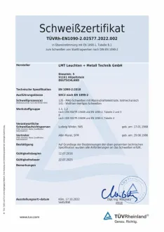 Zertifikat zum Schweißen von Stahltragwerken nach DIN EN 1090–2