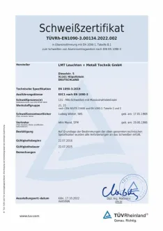 Zertifikat zum Schweißen von Aluminiumtragwerken nach DIN EN 1090–3