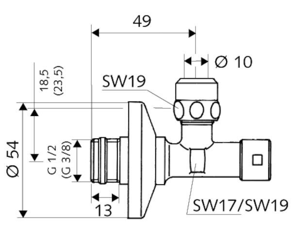 SCHELL Eckventil mit Regulierfunktion und gesicherter Betätigung, Gesicherte Betätigung, Schubrosette Ø 54 mm, DN 10 G 3/8 AG mit ASAG easy, Ø 10 mm (DN 10 G 3/8 AG), chrom