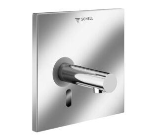 SCHELL Unterputz-Waschtisch-Armatur LINUS W-E-V, Kaltwasser / vorgemischtes Wasser, Infrarot, Unterputznetzteil 9 VDC, 100 - 240 VAC, 50 - 60 Hz, Wandauslauf mit Strahlregler (diebstahlsicher), Auslauf 230 mm, Frontplatte chrom