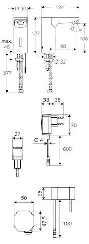 SCHELL Waschtisch-Armatur CELIS E, Elektronisch, HD-K - Hochdruck Kaltwasser / vorgemischtes Wasser, Infrarot, Steckernetzteil 9 VDC, 100 - 240 VAC, 50 - 60 Hz, G 3/8 IG, chrom