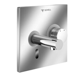 SCHELL Unterputz-Waschtisch-Armatur LINUS W-E-M, Mischwasser, Infrarot, Unterputznetzteil 9 VDC, 100 - 240 VAC, 50 - 60 Hz, Wandauslauf mit Strahlregler (diebstahlsicher), Auslauf 110 mm, Frontplatte chrom