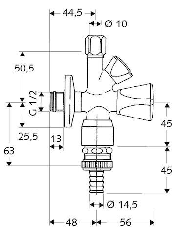 SCHELL Kombi-Eckventil, RFV im Abgang Geräteanschluss, RB im Abgang Geräteanschluss, DN 15 G 1/2 AG mit ASAG easy, Ø 10 mm (DN 10 G 1/2 AG), Schlauchverschraubung Ø 14,5 mm (DN 20 G 3/4 AG), chrom