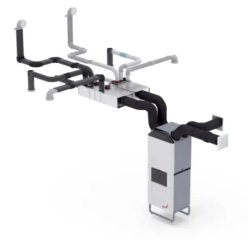 Luftverteilsystem ComfoFresh mit Thermal Shield in Verbindung mit der Kühleinheit ComfoClime und dem Komfprt-Lüftungsgerät ComfoAir Q600 ST