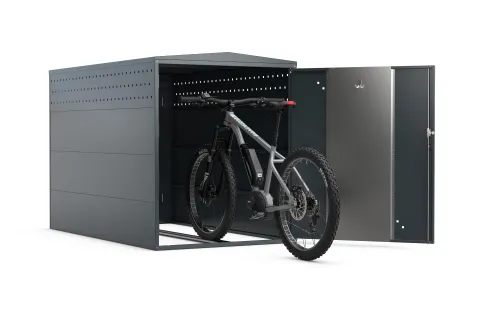 Die BikeBox 1 XL bietet extra Platz für größere und breitere Fahrräder sowie Zubehör.