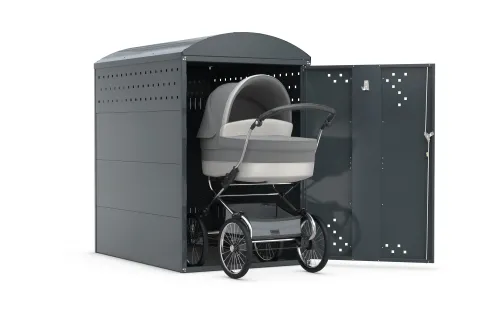 Die robuste KinderwagenBox bietet einen sicheren Abstellplatz für Kinderwagen.