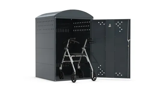 Die RollatorBox bietet sicheren Schutz für Rollatoren bei Wind und Wetter.