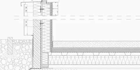 Bodenaufbau von oben nach unten: Bodenbelag, Zementestrich, Dampfbremse, Trittschalldämmung, Trapezblech, Stahlprofil, Mineralwolldämmung im Gefachbereich, Blindboden