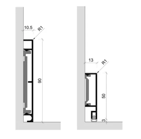 Sockelprofile kantig - Kunststoff Clip Befestigung | aufgesetzte Sockelprofile "G" besonders geeignet in Kombination mit umfassenden Türzargen aus Aluminium. Lieferbar in Höhen von 40 bis 100 mm.