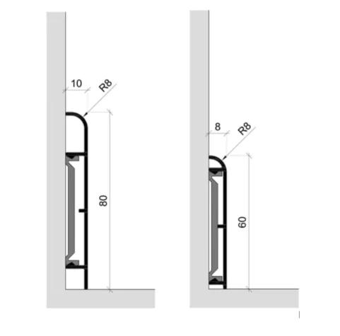Sockelprofile gerundet - Kunststoff Clip Befestigung | aufgesetzte gerundete Sockelprofile "GR" mit 8 mm Radius. Lieferbar in Höhen von 60 bis 100 mm.