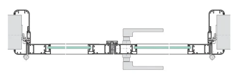 Aluminium-Rahmentür ART55, einflügelig mit KLS48-35, umlaufend „schwimmend“ montiert in Glaswand