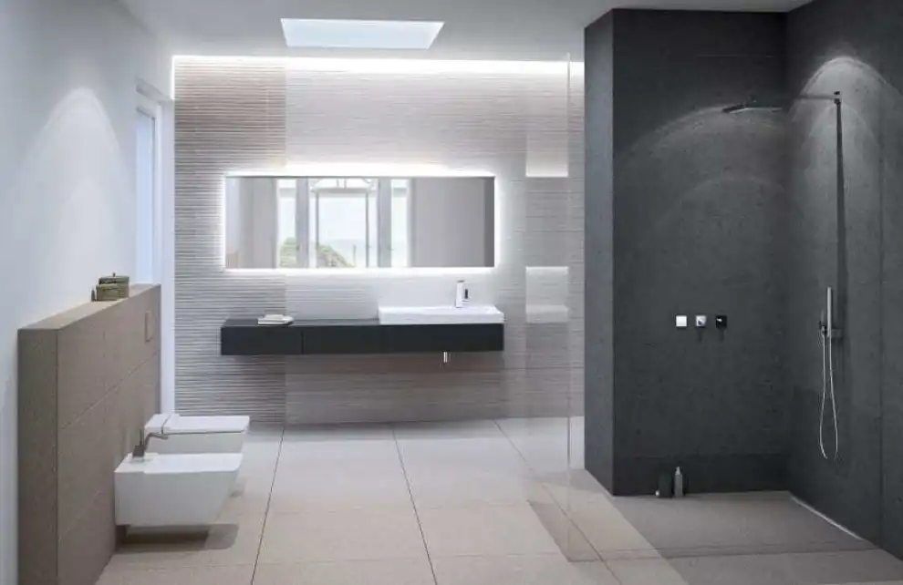 Geberit Xeno² mit einheitlicher Formensprache von Waschtisch, Badmöbel, WC und Bidet.
