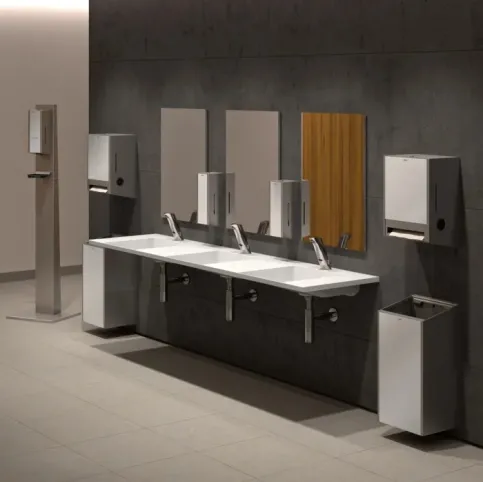 Die aufeinander abgestimmten Waschtische und Accessoires der Systemlinie EXOS. passen in jeden Sanitärraum.