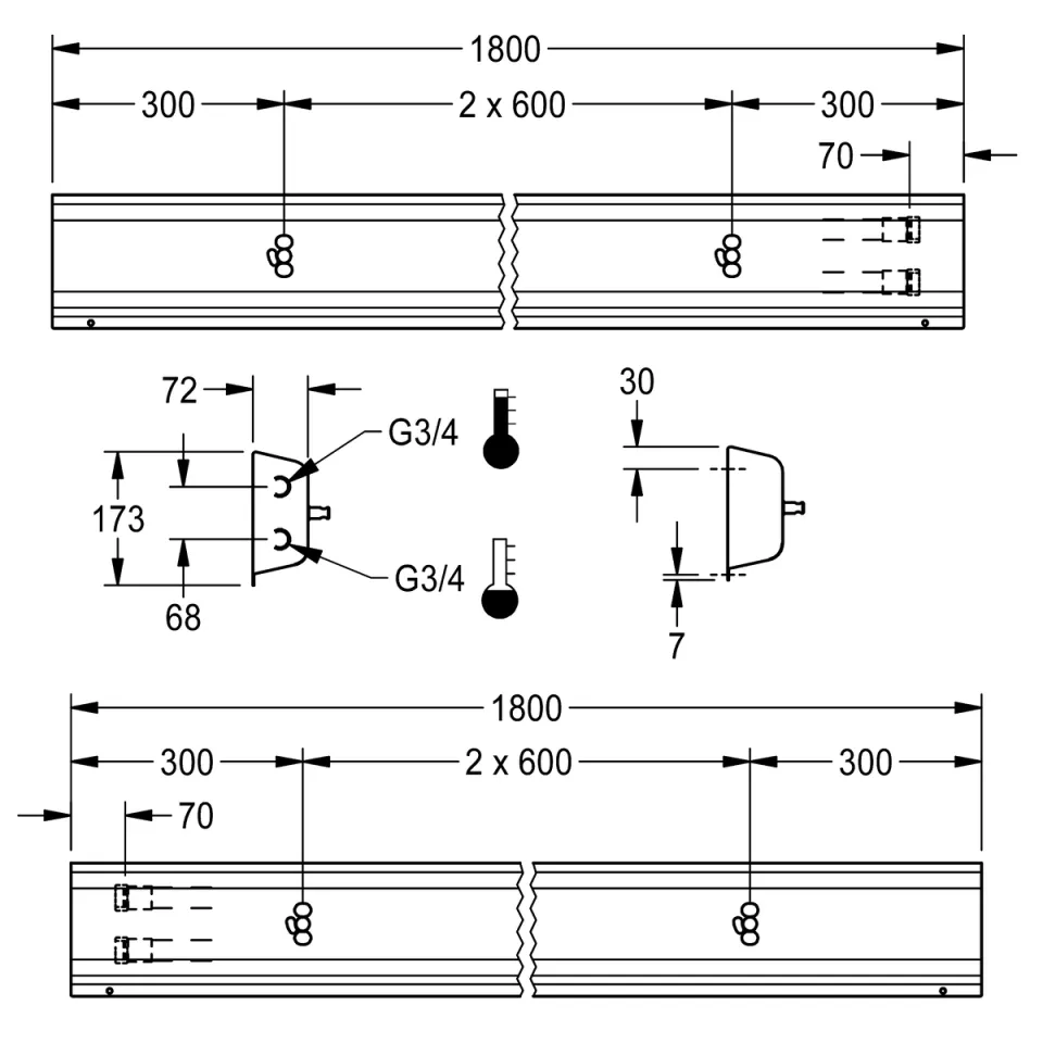 AR Armatureneinheit, Edelstahl, Wandmontage, B 600 mm