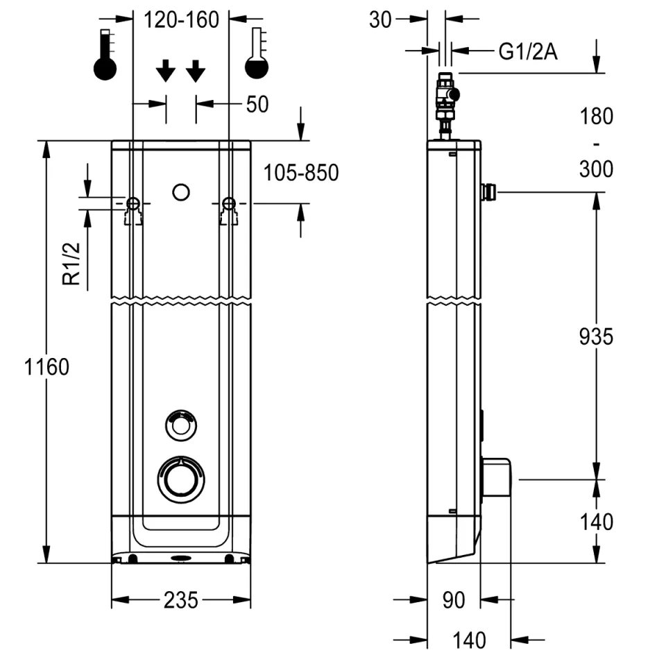 AR F5 Duschpaneel, elek., Thermostat, Edelstahl