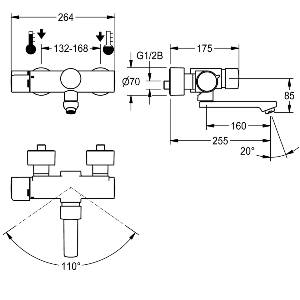 AR F5 Wandbatterie, hydr., Thermostat, Schwenkauslauf