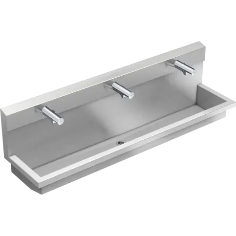Produktbeispiel: KWC PLANOX Waschplatzeinheit mit Elektronik-Waschplatzbatterien, 3 Waschplätze, 1800 mm breit.