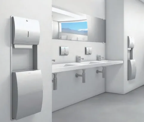 Beispielhafter Sanitärraum: ausgestattet mit STRATOS Unterputzprodukten, MIRANIT Reihenwaschtisch, Selbstschluss- und Sensor-Armaturen
