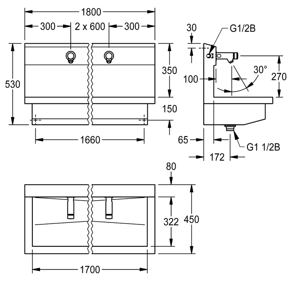 AR Waschplatzeinheit, PLANOX, Edst., 1800x530x440 mm, 3xWandventil hydr.
