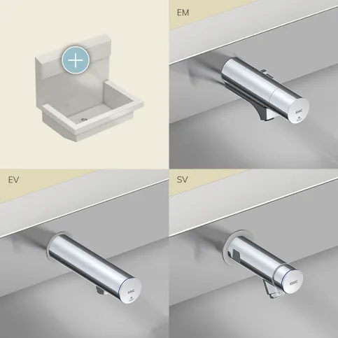 3 mögliche Armaturenvarianten: hydraulische oder elektronische Wandventilen sowie elektronische Wandbatterie mit Temperaturwahlhebel