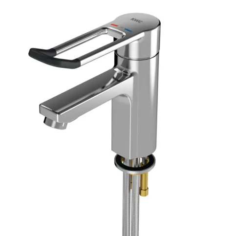 F5L-Therm Thermostat-Einhebel-Standbatterie, barrierefrei. Die Hebelkappe ist ergonomisch gestaltet in Bügelform, im vorderen Bereich mit leichter Wölbung und Basaltgrau beschichtet, nach dem 2-Sinne-Prinzip (taktil und visuell).