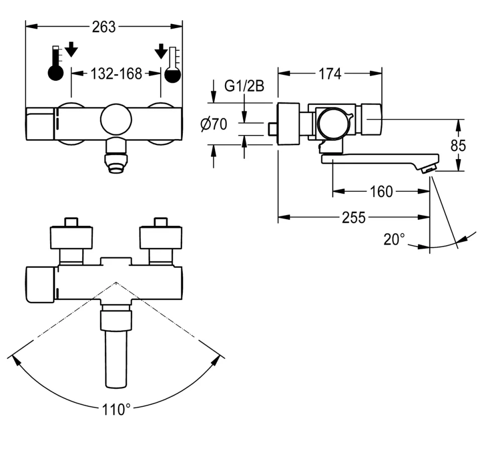 AR Wandbatterie, F5, hydr., Thermostat, Schwenkauslauf, 255 mm