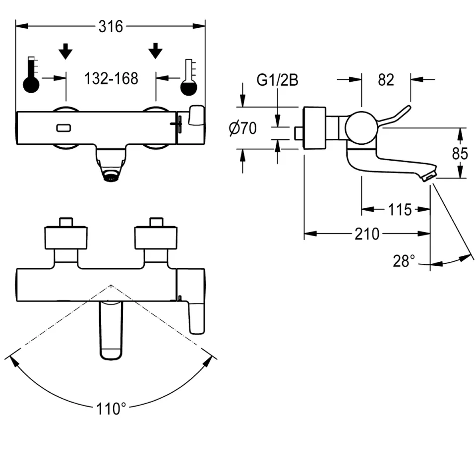 AR Wandbatterie, F4, elek., Thermostat, Schwenkauslauf, 210 mm, Batterie