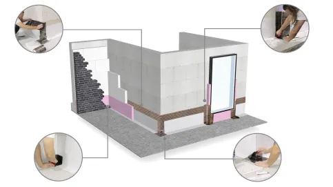 Fußpunktabdichtung für bodentiefe Fenster im zweischaligen Mauerwerk