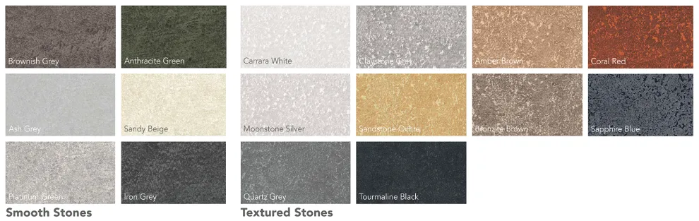 Rockpanel Stones ist in zwei inspirierenden Kollektionen „Textured Stones“ und "Smooth Stones" erhältlich.