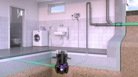 Aqualift F Compact Einbau in die Bodenplatte, hier mit zusätzlicher Ablauffunktion