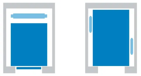 Links: Alte Aufzugkabine mit Seilantrieb und seitlichem Gegengewicht | Rechts: Aufzugskabine des KONE NanoSpace™ mit Hybridantrieb (kleine Ausgleichsgwichte neben den Führungsschienen).