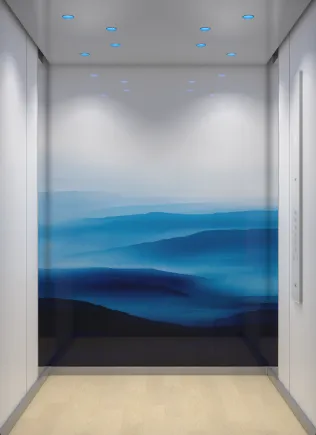 KONE DX Kabinendesign mit angenehmen, natürlichen Farben, nachhaltigen Materialien und harmonischer Atmosphäre.