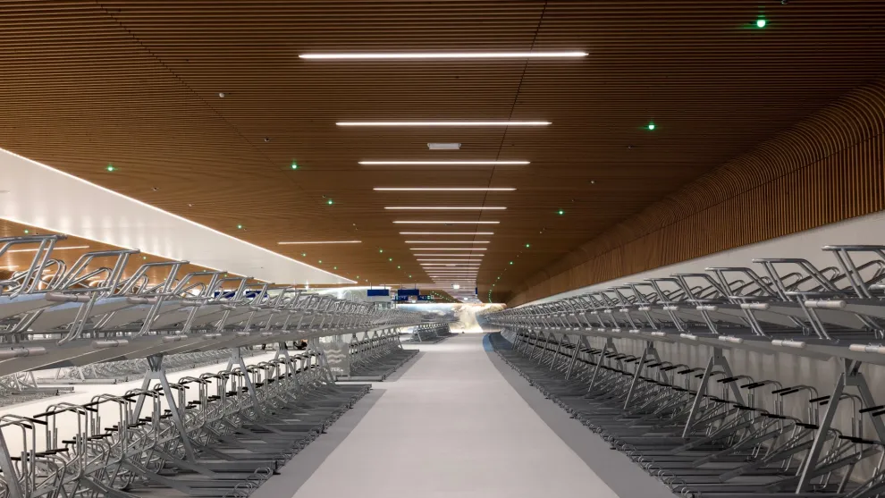 Massivholzrasterdecke im Fahrradparkhaus IJboulevard in Amsterdam, Architekten: VenhoevenCS, Van Hattum en Blankevoort undDS Landscape architects