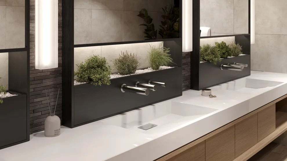 Wandarmatur Metrix Trio, erhältlich in den Oberflächenvarianten Schwarz Matt, PVD Kupfer, Satin Gold und Chrom