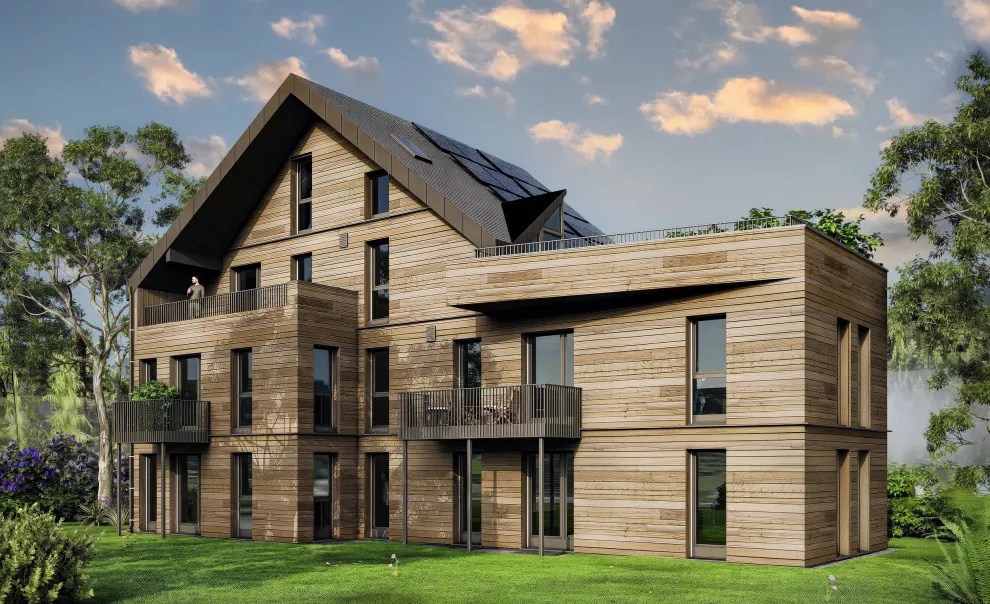Inara Suites, ein neues Appartementhaus mit zwei Eigentumswohnungen und vier Gästezimmern entsteht im Schwarzwald. Das Besondere ist dabei der konsequente Fokus auf die Nachhaltigkeit und Wiederverwertbarkeit der eingesetzten Baumaterialien | © Ganter Architekten